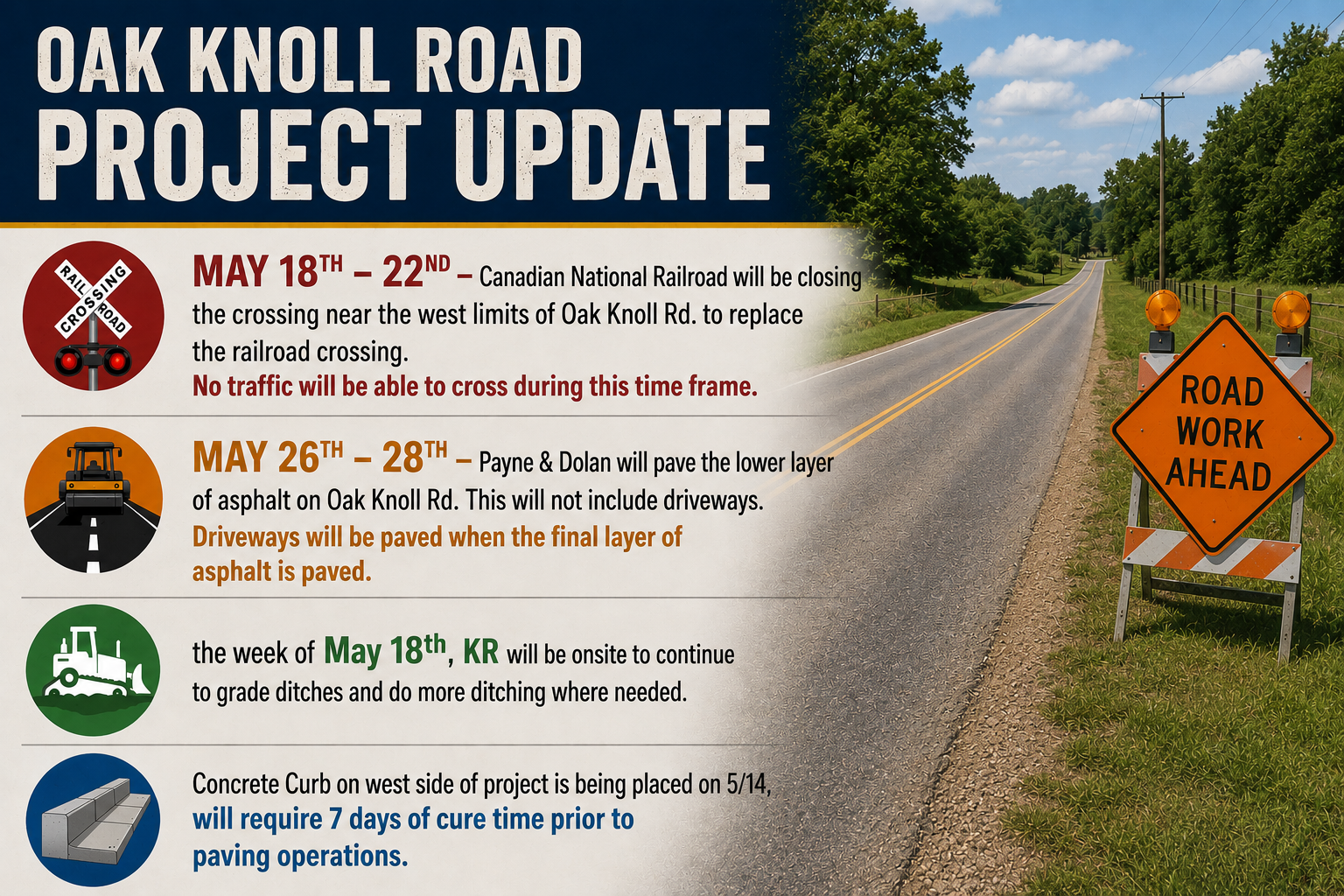 OAK KNOLL ROAD REHABILITATION PROJECT UPDATE – MAY 14, 2026